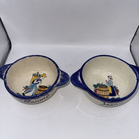 Pornic Bretagne France Pottery  Hand Painted Bowl with Handles Jeanne Guillauine - Picture 2 of 6